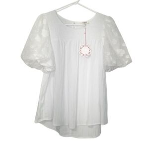 Umgee White Smoked Short Puff Sleeve Babydoll Top Blouse Womens Size M New
